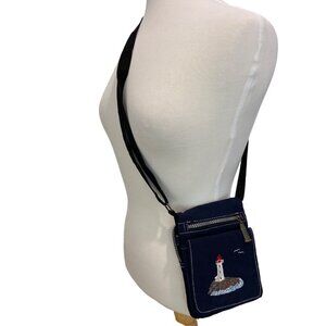 Vintage Navy mini Crossbody Bag With Lighthouse Embroidery Zipper Closure travel